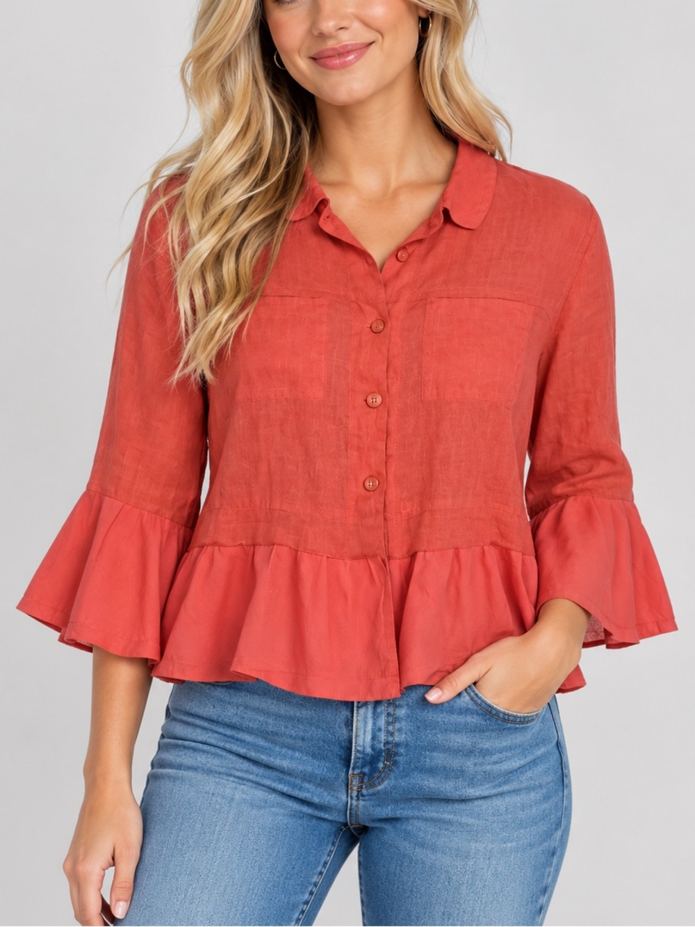 < For Cynthia 100% Linen Coral/Red Ruffled Hem Button Up Top >
